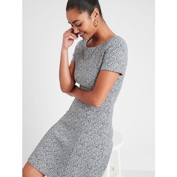 Banana Republic Short Sleeve A-Line Dress Herringbone Print Sz 10 - Picture 1 of 13